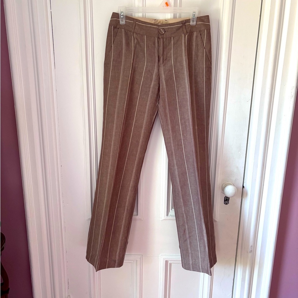 Calvin Klein Women’s Brown and Cream Pin Striped Linen Trouser Pants Size 4